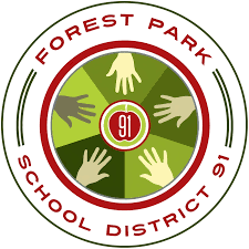 Logo of Forest Park School District 91 featuring multiple hands in a circular design with green and red colors.